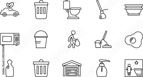 Set of thin line icons featuring eco friendly electric cars trash cans toilet symbols brooms kitchen microwave ovens and cleaning service elements isolated on white background vector illustration