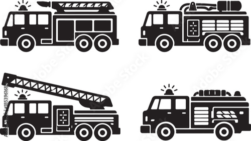 Fire Truck Silhouette Icon Set Vector