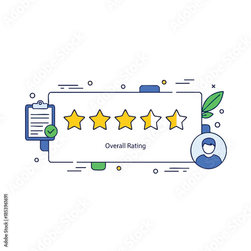 An illustrated graphic of ratings, clipboard, user icon, and green leaves and circle shapes