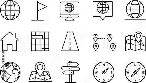 Set of thin line navigation icons featuring globe symbols world maps location pin markers destination flags compasses and road path elements isolated on white background vector illustration