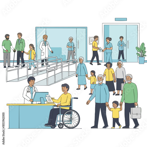 An illustration depicting a healthcare setting with various people and a wheelchair