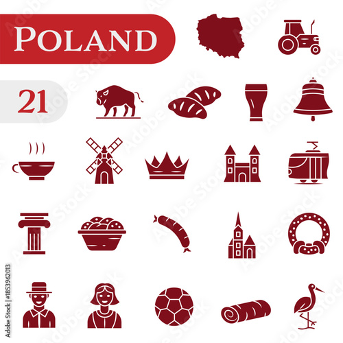 Icons about Polish traditions, culture, and symbols. A set of solid icons about Poland.