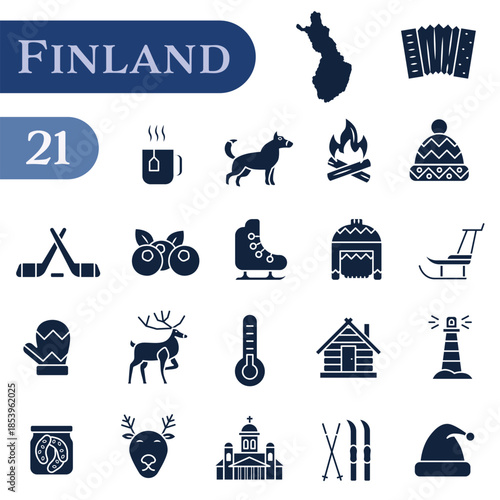 Icons about Finnish traditions, culture, and symbols. A set of solid icons about Finland.