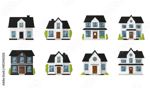 Minimal residential house vector elements set in flat modern style isolated on transparent background