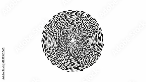 Abstract swirling pattern of black and white shapes creating a vortex effect.