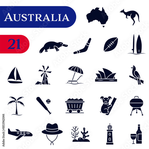 Icons about Australian traditions, culture, and symbols. A set of solid icons about Australia.