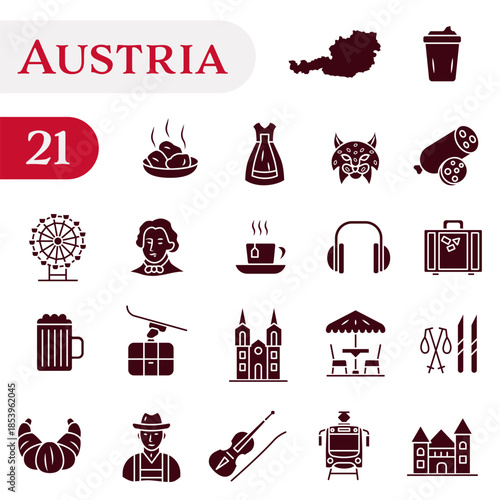 Icons about Austrian traditions, culture, and symbols. A set of solid icons about Austria.