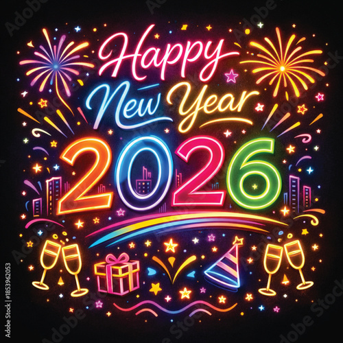 Colorful New Year celebration card illustration with a fun party design and festive greeting text 