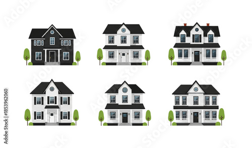 Suburban residential houses vector illustration set in flat minimalist style isolated on transparent background