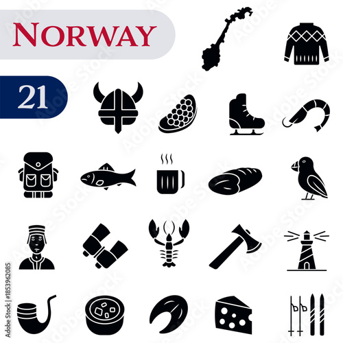 Icons about Norwegian traditions, culture, and symbols. A set of solid icons about Norway.
