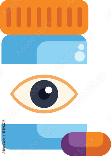 Bottle of eye supplement with an eye symbol on the label is sitting next to a pill, promoting eye health and vision care