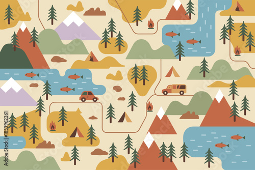 A scenic landscape with mountains, trees, and a winding road alongside a river, illustrating a journey through nature from an aerial viewpoint.