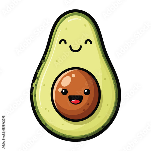 A cartoon avocado is smiling, the pit also has a face and is smiling