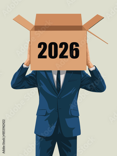 A businessman holding a cardboard box over his head with the year 2026 written on it