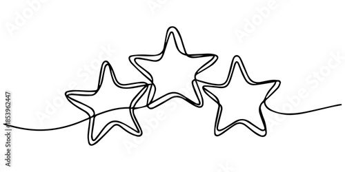 one line drawing three stars continuous hand drawn minimalism decorative art, Continuous line drawing of stars. Background with single line drawing. Outline drawing of three stars. vector illustration