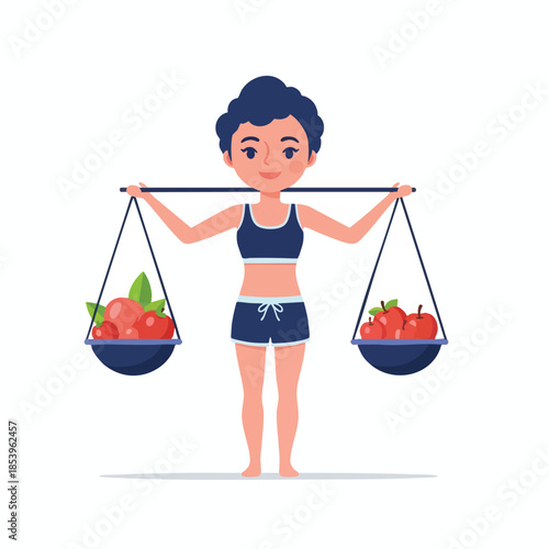 A cartoon woman balances baskets of fruit on a rod across her shoulders