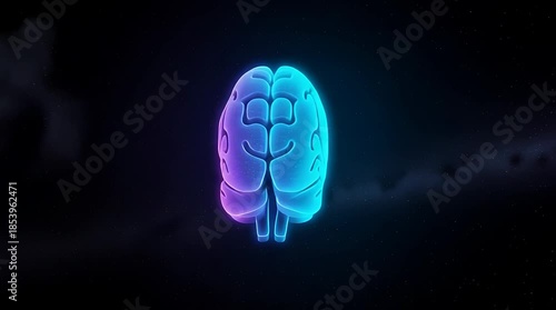 Neon brain illustration glowing in a dark cosmic space, symbolizing creativity and intelligence
