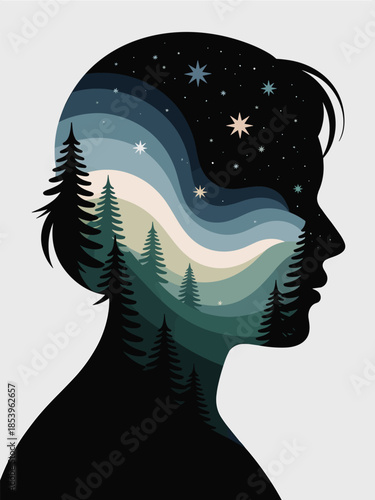 A serene silhouette of a person with a forest landscape and starry night sky inside their mind