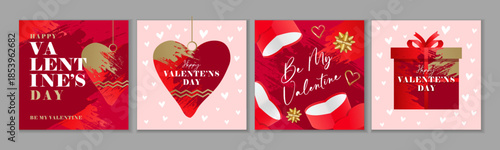 Happy Valentines Day greetings, Be my Valentine 2026 art banners set. Heart ball and Valentines Day gift boxes - art covers .Vector illustration