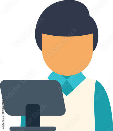 Male office worker sitting and using desktop computer, flat vector illustration