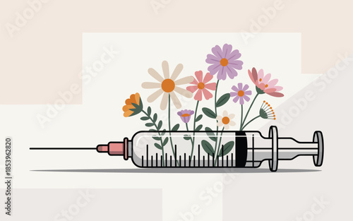 Syringe filled with blooming flowers on a clean white background illustrating a concept of health and nature