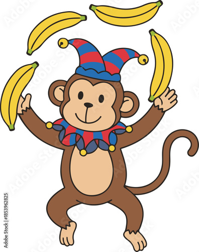 Cute cartoon monkey juggling bananas vector illustration. A funny brown primate character wearing a blue and red jester hat and collar, performing a circus trick with yellow fruit.