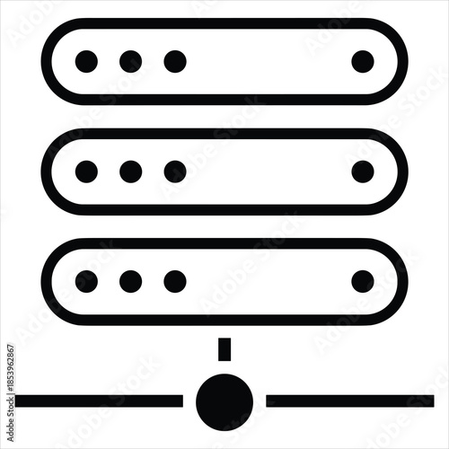 Black outline icon of server rack with three levels and indicator lights on white background computer
