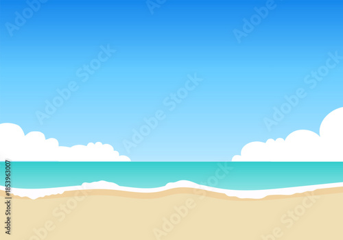 Seascape, sea view, realistic seascape with sky, clouds, and sand. Vector, designer illustration, web banner. Vector.