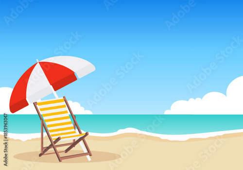 Seaside vacation, seaside holiday concept, sun lounger with beach umbrella against the backdrop of the sea and sky. Vector, designer illustration, web banner. Vector.