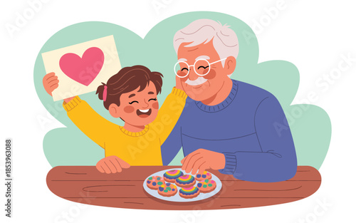 Elderly man and young girl celebrating together with cake and heart card at a wooden table