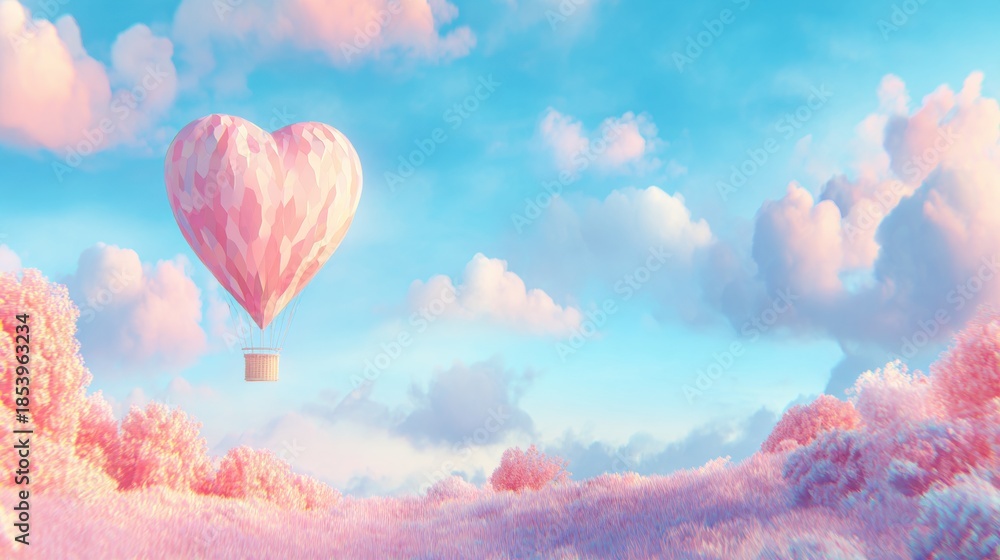 Obraz premium Hot air balloon floats over pink landscape under blue sky with clouds