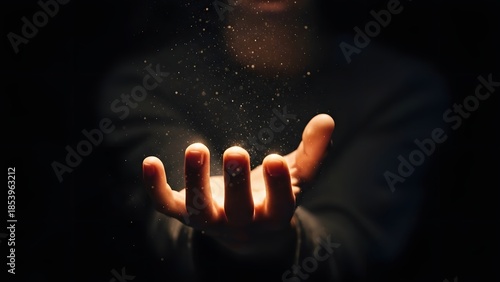 Spiritual healing and manifestation energy. Divine magic and creative power. Open human hand catching golden dust particles in dark background