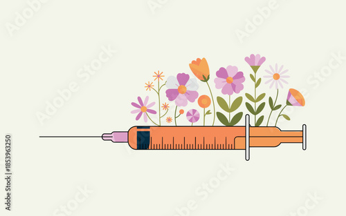 Syringe filled with vibrant flowers, symbolizing growth and medicine in a creative illustration
