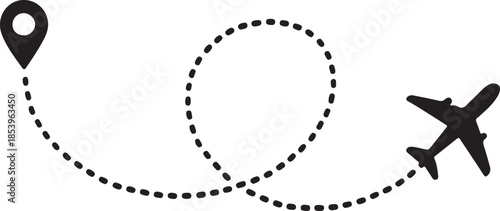 Dotted airplane route silhouette vector illustration for travel infographic. Aircraft tracking line path silhouette vector