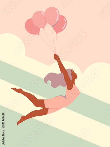 Woman floating in air with pink balloons on a serene sky background