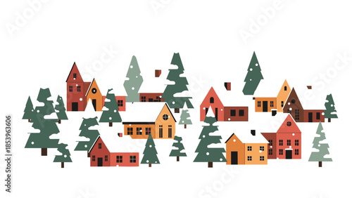Colorful illustration of a snowy village with houses and pine trees on a white background with warm tones.