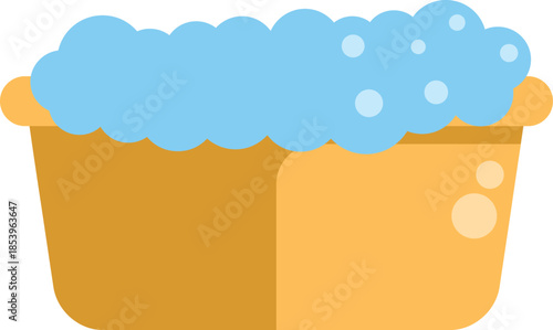 Yellow basin is overflowing with foamy water, suggesting a busy laundry day