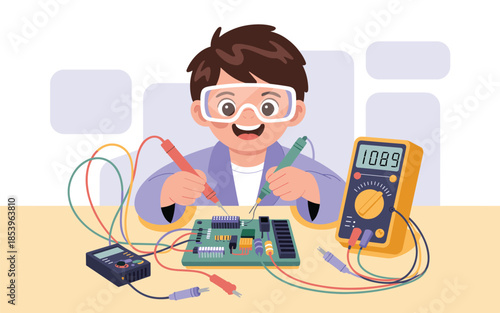 A young scientist conducts an experiment with electronic components on a table in a laboratory setting from a frontal viewpoint.