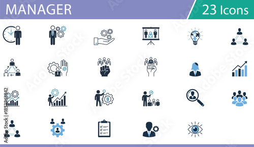 Grid of 25 blue, black, and white line icons for business management and teamwork, ideal for organizational vector content