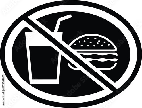 Prohibited sign with burger and drink silhouette vector illustration. Eating and drinking restriction symbol for designated areas like public transport, offices. No food icon