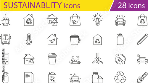 Sustainable living and smart tech icons set, eco-friendly lifestyle symbols, waste reduction and green innovation vector illustration