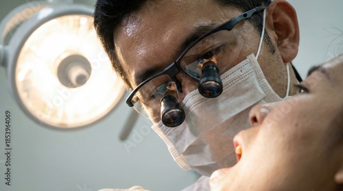 dentist checks the teeth of a client in a dental clinic. The dentist is using special glasses for a detailed examination. The room is bright with overhead lighting.
