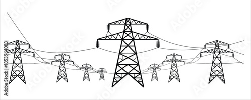 Multiple electricity pylons and power lines in a row against a white background transmission tower