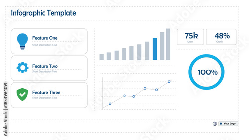 Essential business features are detailed next to an array of progress charts, including bar, line, and percentage ring, on a clean template.