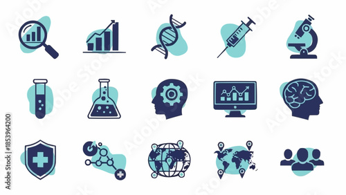 Collection of science and technology icons representing research and innovation.