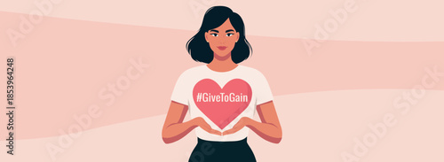 Vector card for Women’s Day woman a woman gives her heart, symbolizing care, love, generosity with popular hashtag GiveToGain of support. Design with space for text, postcards, social networks, poster