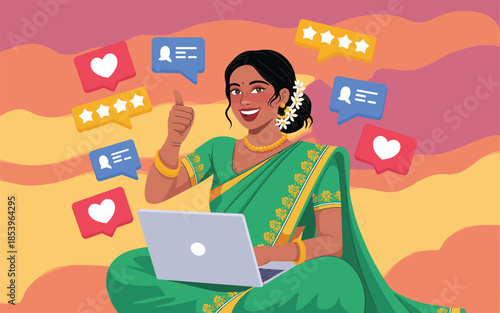 Woman in green sari using laptop with social media likes and comments surrounding her