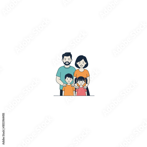 Cartoon family portrait with parents and two children.
