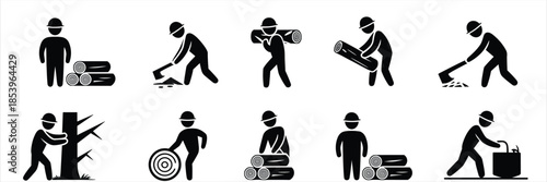 Set Of Pictograms Showing Lumberjack Actions With Axe And Wood woodcutter chopping