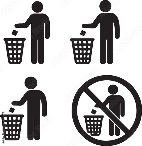  silhouette vector illustration set of tidy man symbol, don't trash icon set, Person throwing trash in wastebasket icons